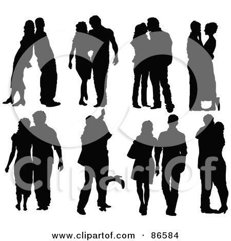 Royalty-Free (RF) Clipart Illustration of a Digital Collage Of Silhouetted Couples In Eight Different Poses by Pushkin