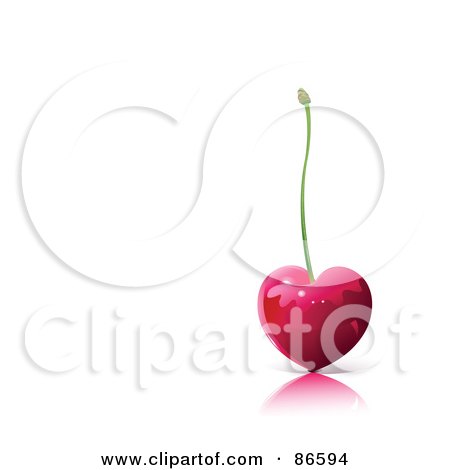 Royalty-Free (RF) Clipart Illustration of a Shiny Heart Cherry With A Straight Stem, On A Reflective Surface With Text Space by Pushkin