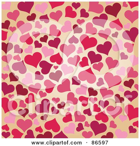 Royalty-Free (RF) Clipart Illustration of a Heart Valentine Background Pattern Of Pink And Red Hearts Over Tan by Pushkin