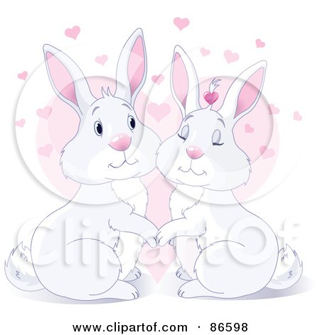 Royalty-Free (RF) Clipart Illustration of a Cute Rabbit Couple Holding Hands With Pink Hearts by Pushkin