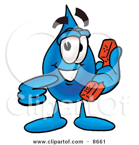 Clipart Picture of a Water Drop Mascot Cartoon Character Holding a Telephone by Mascot Junction