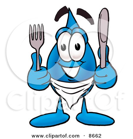 Clipart Picture of a Water Drop Mascot Cartoon Character Holding a Knife and Fork by Mascot Junction