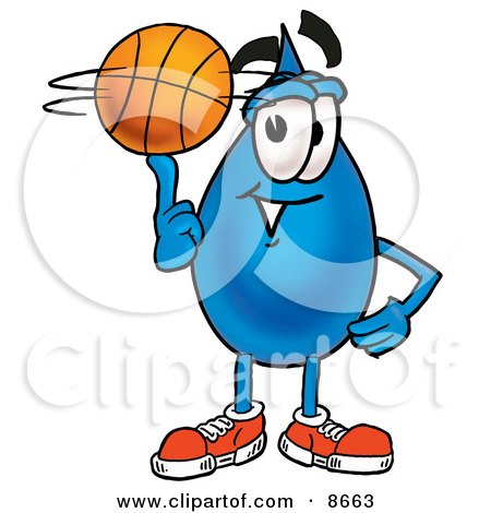 Clipart Picture of a Water Drop Mascot Cartoon Character Spinning a Basketball on His Finger by Mascot Junction