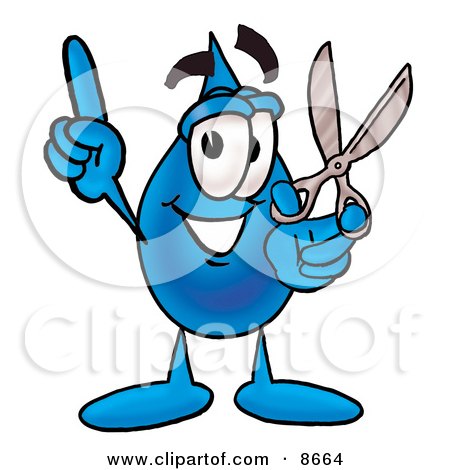 Clipart Picture of a Water Drop Mascot Cartoon Character Holding a Pair of Scissors by Mascot Junction
