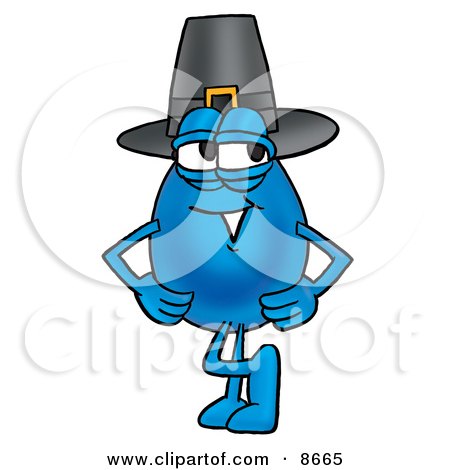 Clipart Picture of a Water Drop Mascot Cartoon Character Wearing a Pilgrim Hat on Thanksgiving by Mascot Junction