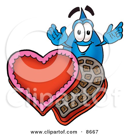 Clipart Picture of a Water Drop Mascot Cartoon Character With an Open Box of Valentines Day Chocolate Candies by Mascot Junction