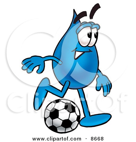 Clipart Picture of a Water Drop Mascot Cartoon Character Kicking a Soccer Ball by Mascot Junction
