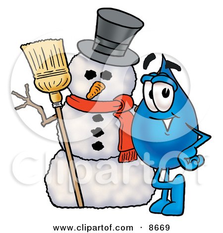 Clipart Picture of a Water Drop Mascot Cartoon Character With a Snowman on Christmas by Mascot Junction