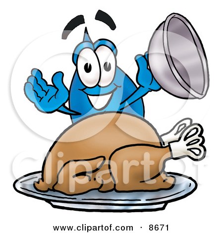 Clipart Picture of a Water Drop Mascot Cartoon Character Serving a Thanksgiving Turkey on a Platter by Mascot Junction