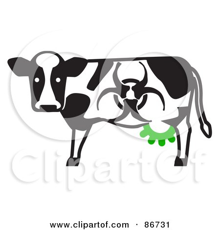 Royalty-Free (RF) Clipart Illustration of a Toxic Dairy Cow With A Biohazard Marking And Green Udders by Leo Blanchette
