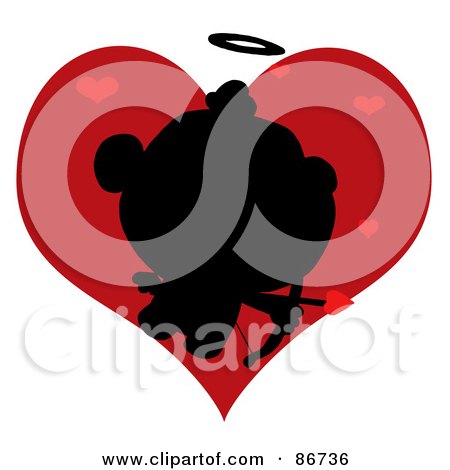 Royalty-Free (RF) Clipart Illustration of a Black Silhouette Of Cupid Over Red Hearts by Hit Toon