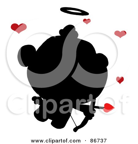 Royalty-Free (RF) Clipart Illustration of a Black Silhouette Of Cupid With Red Hearts by Hit Toon