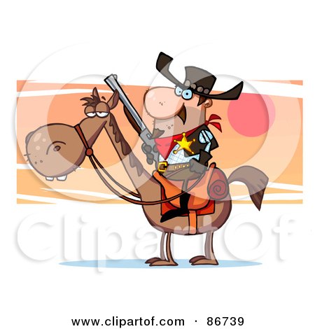 Royalty-Free (RF) Clipart Illustration of a Western Sheriff On Horseback In Front Of A Sunset by Hit Toon
