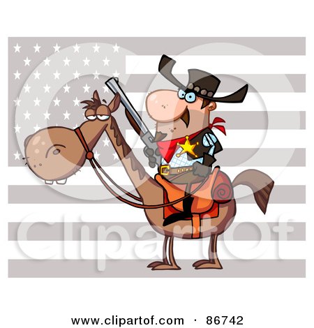Royalty-Free (RF) Clipart Illustration of a Western Sheriff On Horseback In Front Of A Flag by Hit Toon