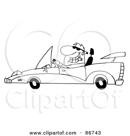 Royalty-Free (RF) Clipart Illustration of an Outlined Dude Smoking A Cigar And Driving A Convertible Car by Hit Toon