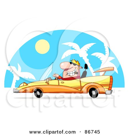 Royalty-Free (RF) Clipart Illustration of a Blond Dude Smoking A Cigar And Driving A Convertible In The Tropics by Hit Toon