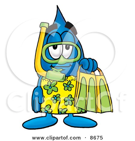 Clipart Picture of a Water Drop Mascot Cartoon Character in Green and Yellow Snorkel Gear by Mascot Junction
