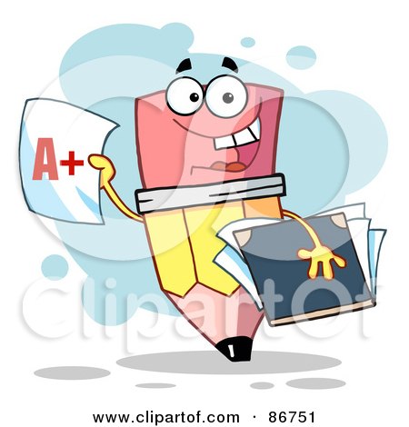 Royalty-Free (RF) Clipart Illustration of a Pencil Holding An A Plus Report Card by Hit Toon