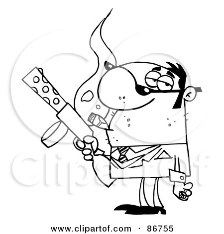 Royalty-Free (RF) Clipart Illustration of an Outlined Gangster Man Holding A Submachine Gun And Smoking A Cigar by Hit Toon