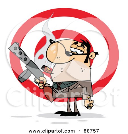 Royalty-Free (RF) Clipart Illustration of a Tough Cigar Smoking Mobster Holding A Submachine Gun In Front Of A Target by Hit Toon