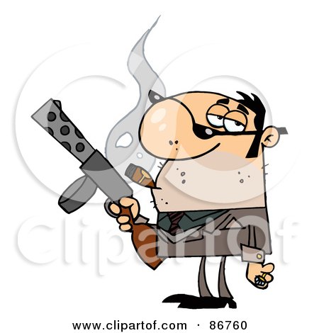 Royalty-Free (RF) Clipart Illustration of a Mobster Man Holding A Submachine Gun And Smoking A Cigar by Hit Toon