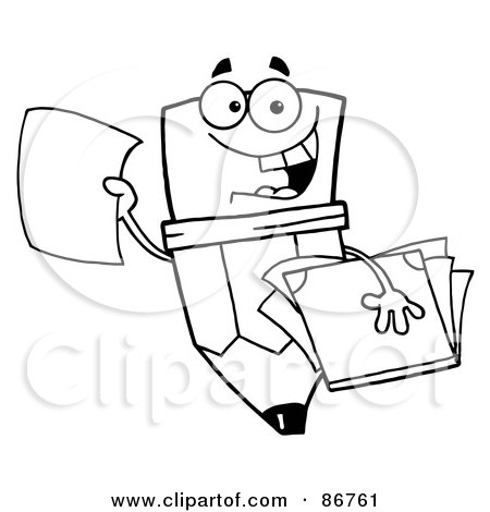 Royalty-Free (RF) Clipart Illustration of an Outlined Pencil Guy Holding Up A Sheet Of Paper by Hit Toon