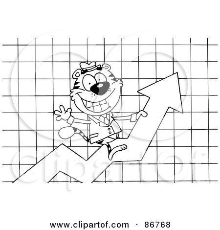 Royalty-Free (RF) Clipart Illustration of an Outlined Business Tiger Character Riding Upwards On A Statistics Arrow by Hit Toon