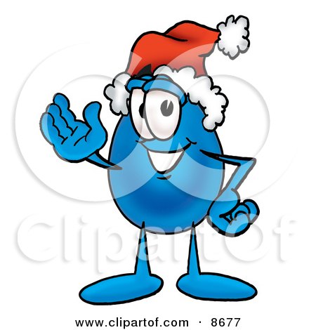 Clipart Picture of a Water Drop Mascot Cartoon Character Wearing a Santa Hat and Waving by Mascot Junction