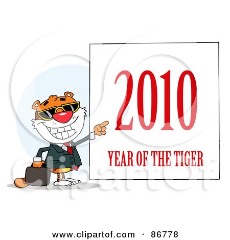 Royalty-Free (RF) Clipart Illustration of a Business Tiger Pointing To A Sign - 2010 Year Of The Tiger by Hit Toon