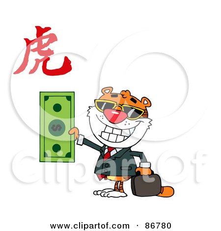 Royalty-Free (RF) Clipart Illustration of a Wealthy Tiger Holding Cash With A Year Of The Tiger Chinese Symbol by Hit Toon