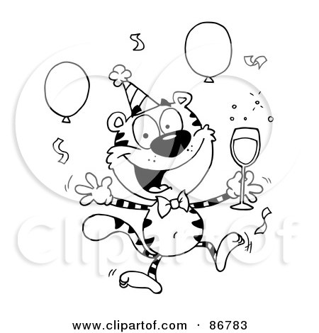 Royalty-Free (RF) Clipart Illustration of an Outlined Party Tiger Character With Champagne by Hit Toon