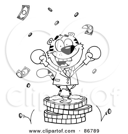 Royalty-Free (RF) Clipart Illustration of an Outlined Tiger Character Wearing Boxing Gloves And Standing On A Stack Of Coins by Hit Toon