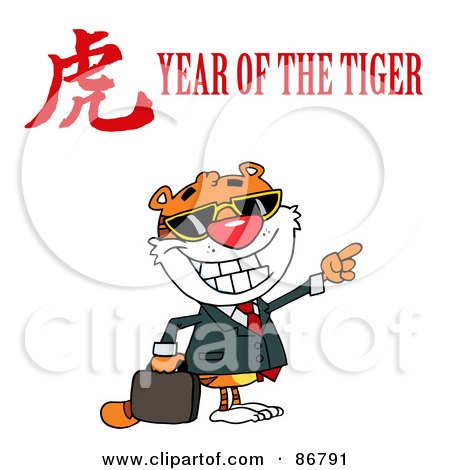 Royalty-Free (RF) Clipart Illustration of a Tiger Pointing With A Year Of The Tiger Chinese Symbol And Text by Hit Toon