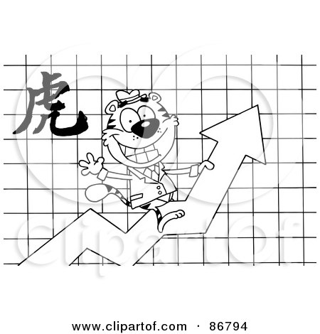 Royalty-Free (RF) Clipart Illustration of an Outlined Successful Business Tiger On A Profit Arrow, With A Year Of The Tiger Chinese Symbol by Hit Toon
