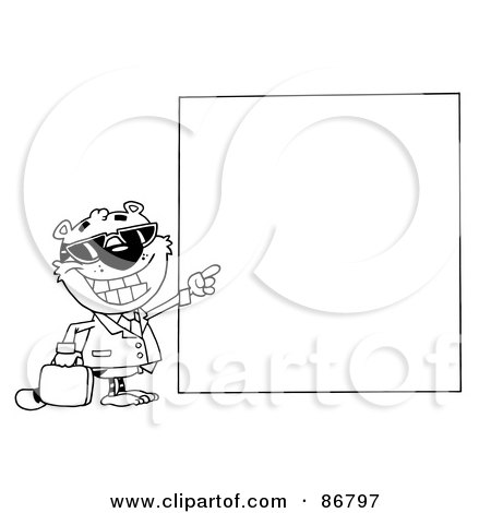 Royalty-Free (RF) Clipart Illustration of an Outlined Business Tiger Pointing To A Blank Sign by Hit Toon