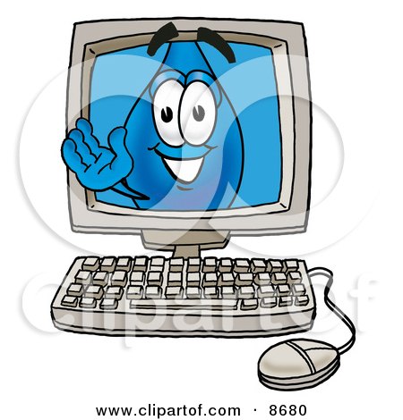 Clipart Picture of a Water Drop Mascot Cartoon Character Waving From Inside a Computer Screen by Mascot Junction