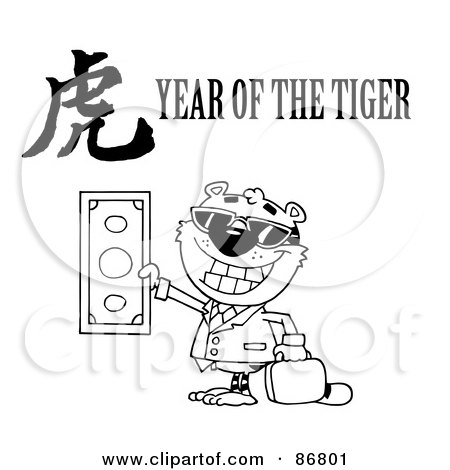 Royalty-Free (RF) Clipart Illustration of an Outlined Wealthy Tiger Holding Cash With A Year Of The Tiger Chinese Symbol And Text by Hit Toon