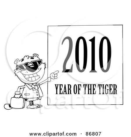 Royalty-Free (RF) Clipart Illustration of an Outlined Business Tiger Pointing To A Sign - 2010 Year Of The Tiger by Hit Toon