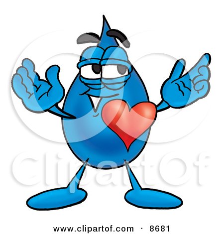 Clipart Picture of a Water Drop Mascot Cartoon Character With His Heart Beating Out of His Chest by Mascot Junction