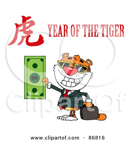 Royalty-Free (RF) Clipart Illustration of a Wealthy Tiger Holding Cash With A Year Of The Tiger Chinese Symbol And Text by Hit Toon