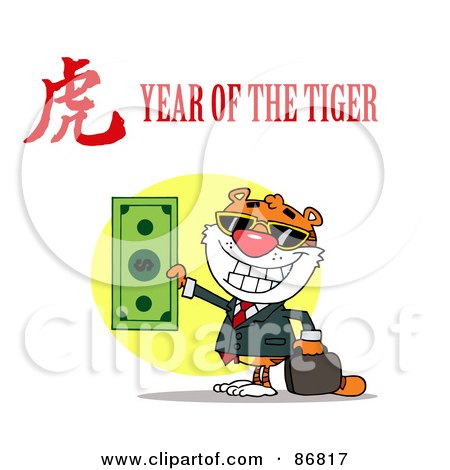 Royalty-Free (RF) Clipart Illustration of a Successful Tiger Holding Cash With A Year Of The Tiger Chinese Symbol And Text by Hit Toon
