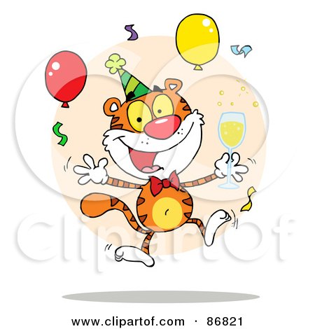Royalty-Free (RF) Clipart Illustration of a Happy Party Tiger Character With Bubbly by Hit Toon