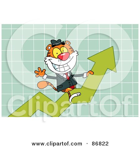 Royalty-Free (RF) Clipart Illustration of a Successful Tiger Character Riding Up On A Statistics Arrow by Hit Toon