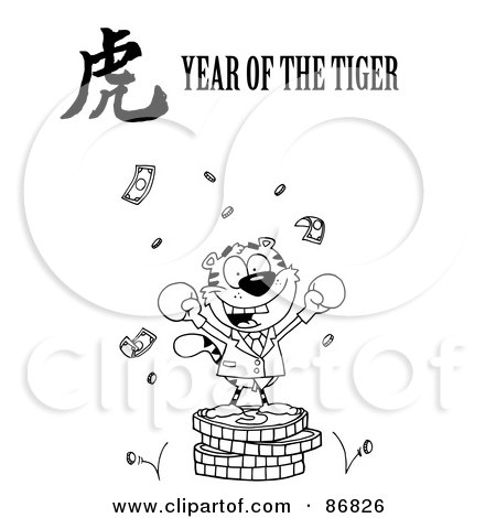 Royalty-Free (RF) Clipart Illustration of an Outlined Victorious Business Tiger On Coins, With A Year Of The Tiger Chinese Symbol And Text by Hit Toon