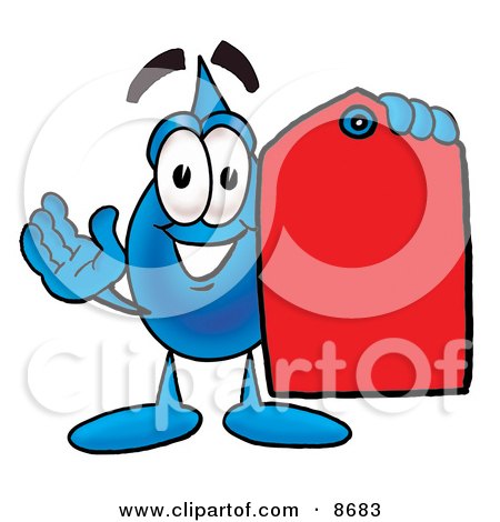 Clipart Picture of a Water Drop Mascot Cartoon Character Holding a Red Sales Price Tag by Mascot Junction