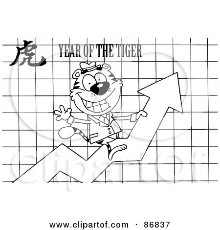 Royalty-Free (RF) Clipart Illustration of an Outlined Successful Business Tiger On A Profit Arrow, With A Year Of The Tiger Chinese Symbol And Text by Hit Toon