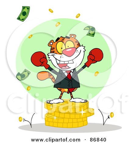 Royalty-Free (RF) Clipart Illustration of a Victorious Tiger Character Wearing Boxing Gloves And Standing On A Stack Of Coins by Hit Toon
