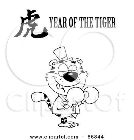 Royalty-Free (RF) Clipart Illustration of an Outlined Boxing Tiger With A Year Of The Tiger Chinese Symbol And Text by Hit Toon