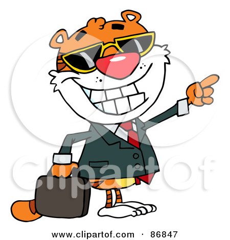 Royalty-Free (RF) Clipart Illustration of a Business Tiger Character Pointing And Smiling by Hit Toon