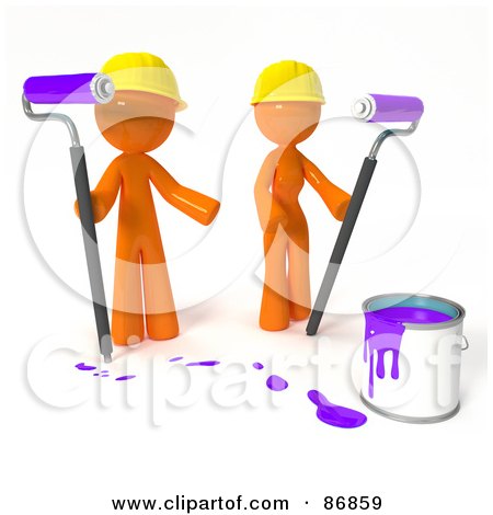 Royalty-Free (RF) Clipart Illustration of a 3d Orange Man And Woman With A Bucket Of Purple Paint And Roller Brushes by Leo Blanchette
